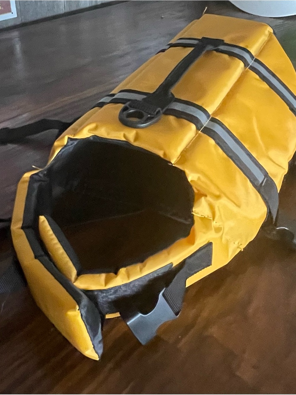 Yellow floatation device for dog